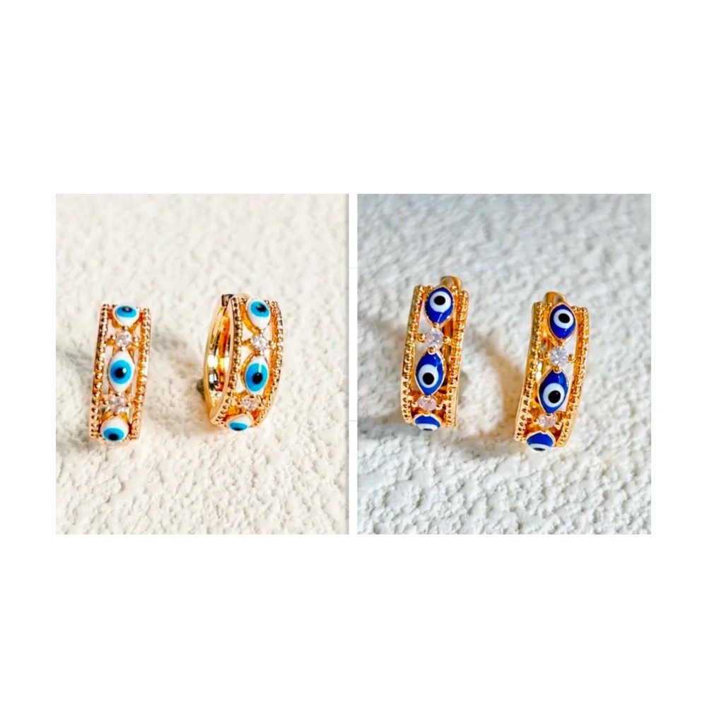 Gold Filled Evil Eye Hoop Earrings Bundle Lot Light & Dark Blue 2 Pairs